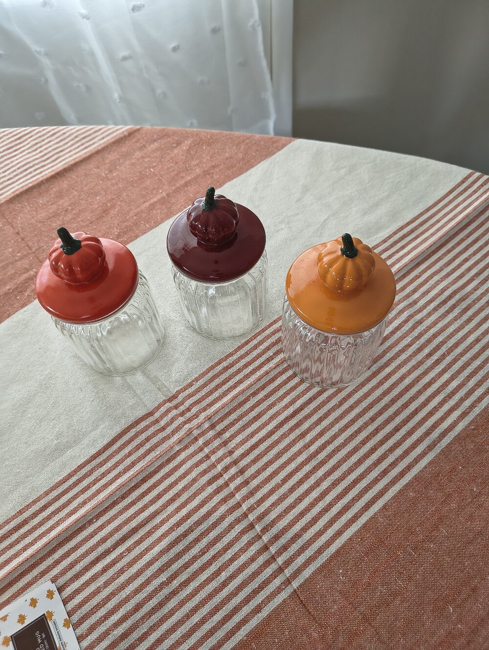 Set of 3 Fall Pumpkin Glass Jars with Ceramic Lids Thanksgiving Autumn Decor 5.5
